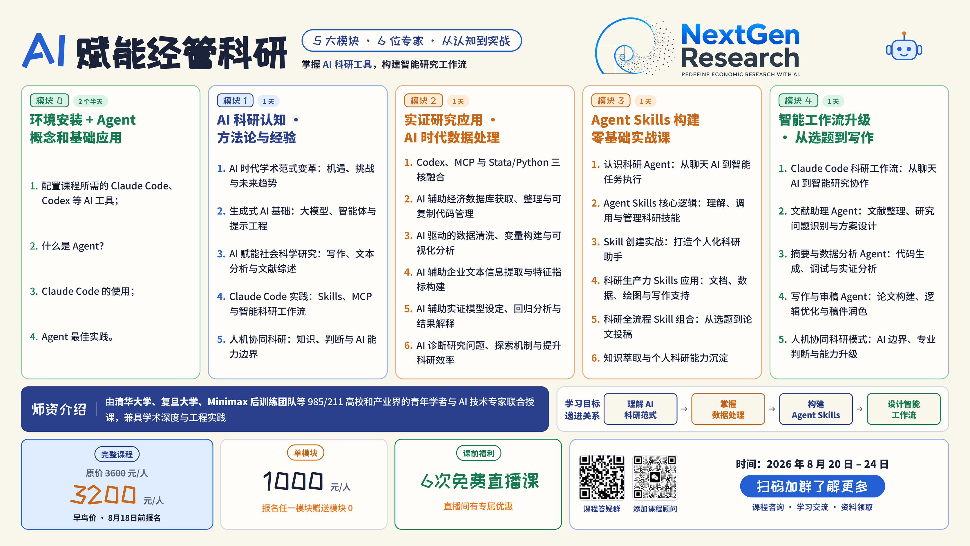 正式课海报：AI 赋能经管科研——5 大模块、6 位专家，从认知到实战