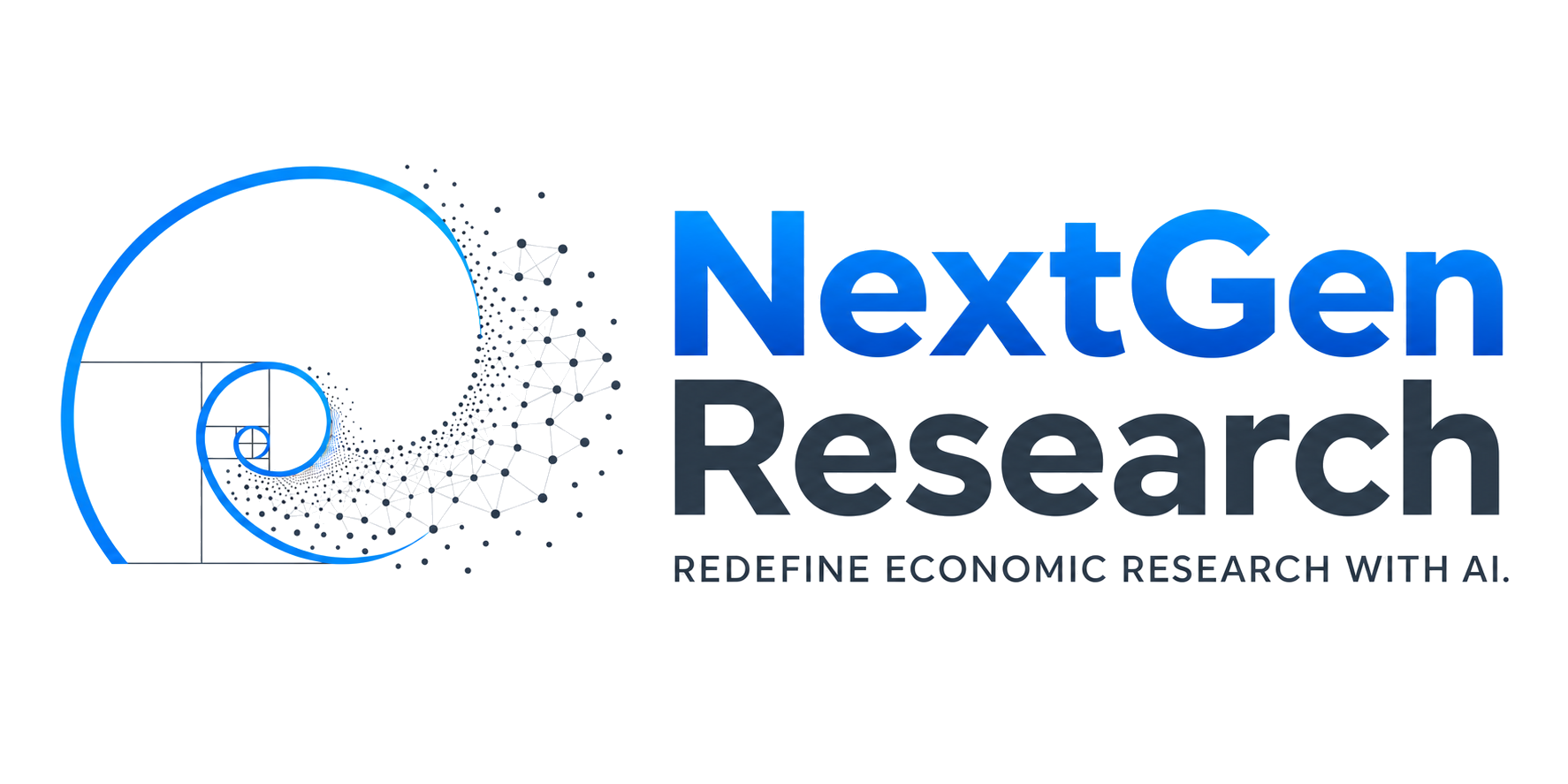 NextGenResearch 品牌标识：黄金螺旋与科研网络粒子，Redefine Economic Research with AI